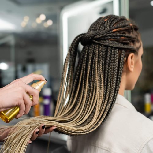 client satisfaction, hair salon, tattooed hairdresser applying hair product on braids of woman in